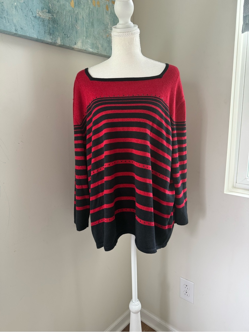 Alfred Dunner Red and Black Striped Off-Shoulder Sweater
